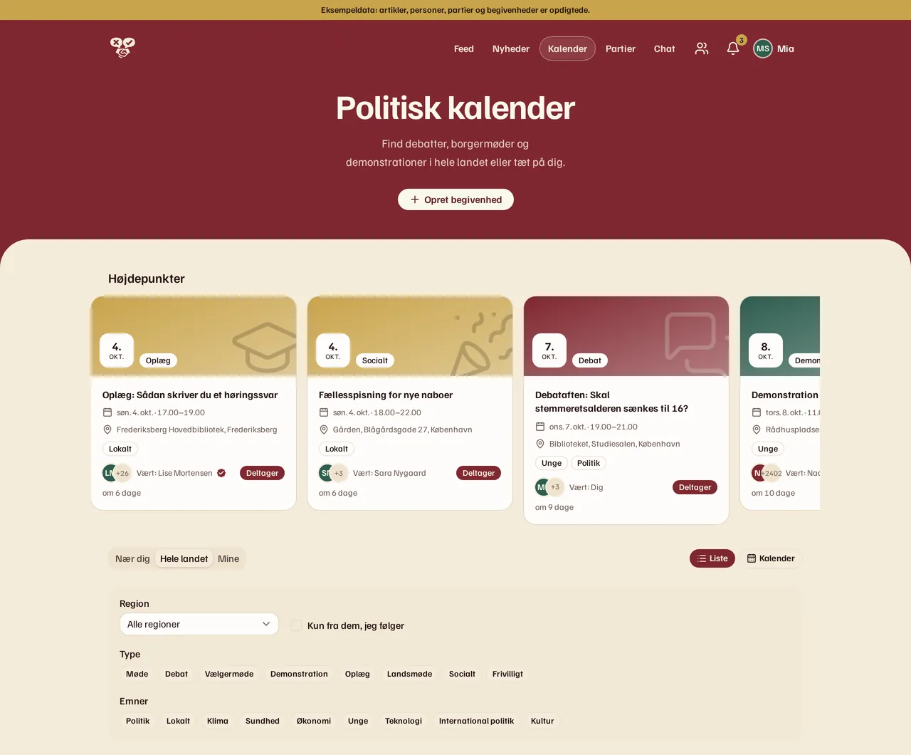 Den politiske kalender i Borgertinget: højdepunkter som store demonstrationer og landsmøder øverst, faner for nær dig, hele landet og dine egne, og kommende møder og debatter i hele landet med dato, sted og vært.