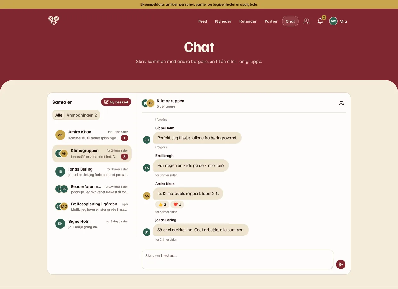 Chatten i Borgertinget: en liste over samtaler til venstre, og til højre en åben gruppesamtale, hvor fire borgere skriver sammen om en klimarapport og sætter reaktioner på hinandens beskeder.