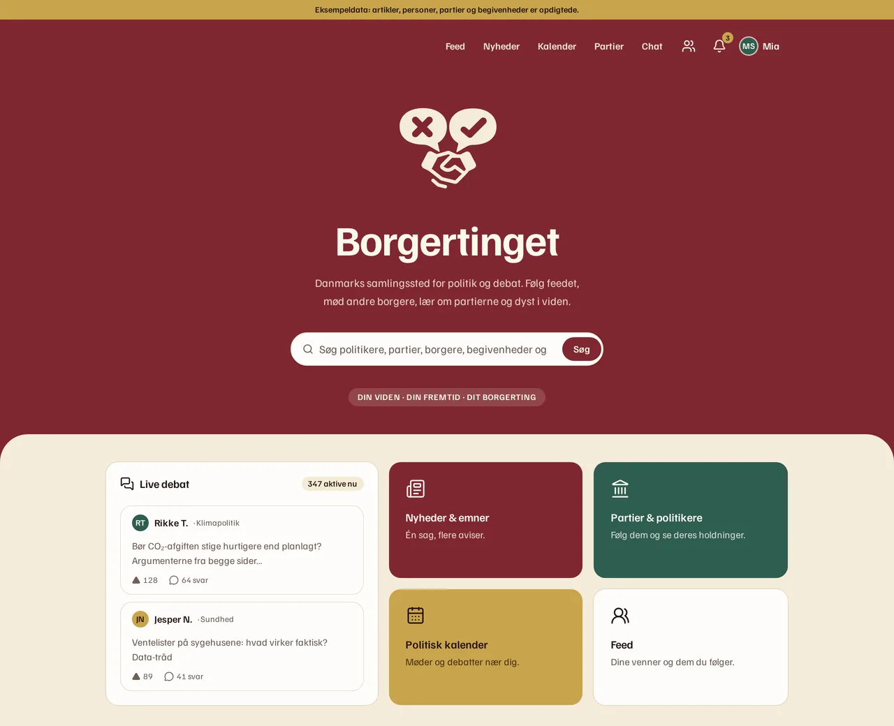 Borgertingets forside: live debat om klimapolitik og sundhed, og genveje til nyheder, partier og politikere, den politiske kalender og feedet. Øverst i hjørnet er du allerede logget ind.