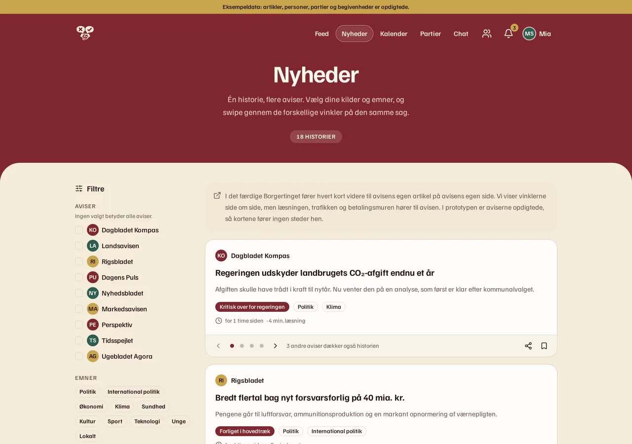 Nyhedsfeedet i Borgertinget: en liste med aviser og emner til venstre, og historier til højre hvor hvert kort viser avisen, overskriften og hvilken vinkel artiklen lægger, med en note om hvor mange andre aviser der også dækker historien.